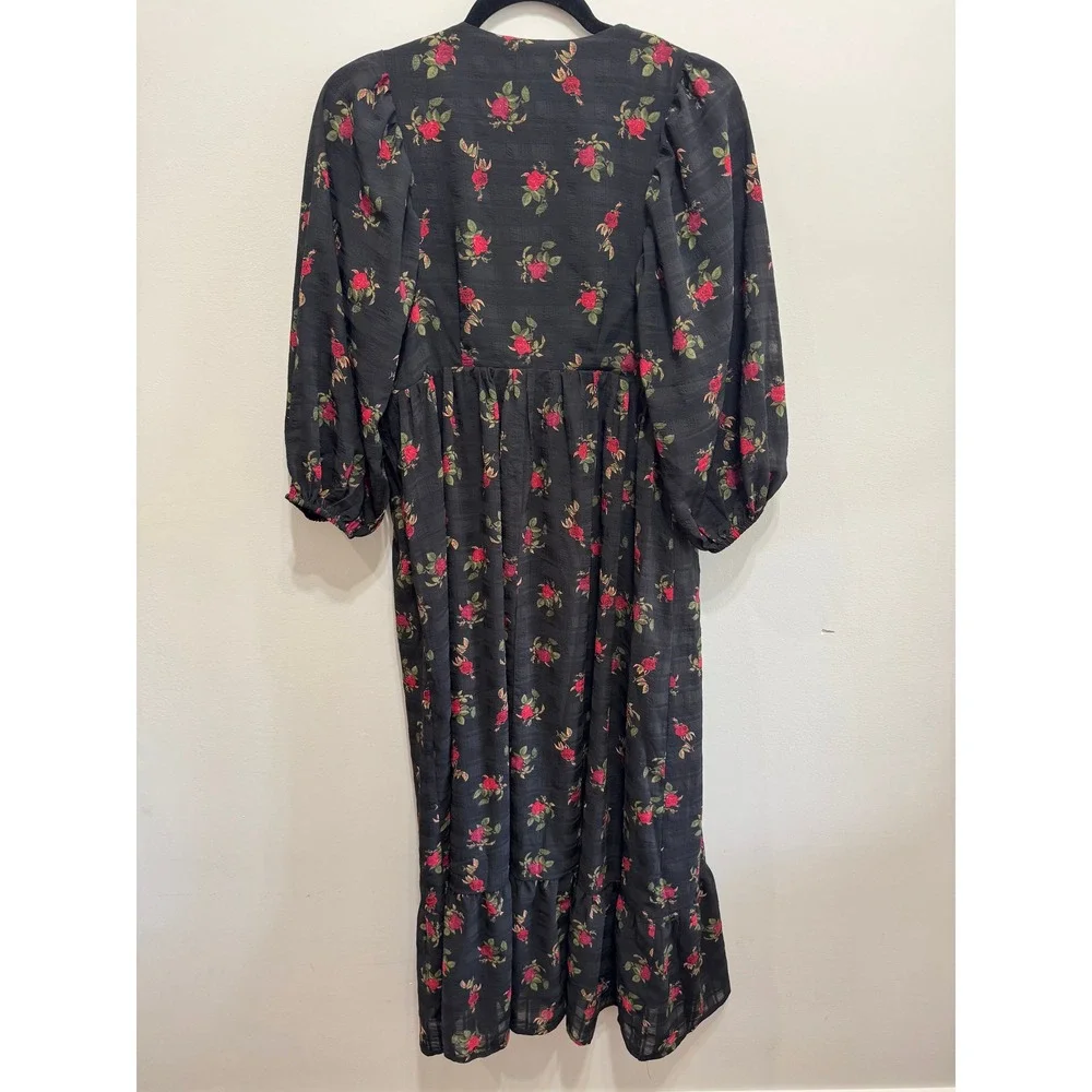 Disturbia Darcy Floral Print Chiffon Midaxi Dress Black Red Rose Gothic US 4
